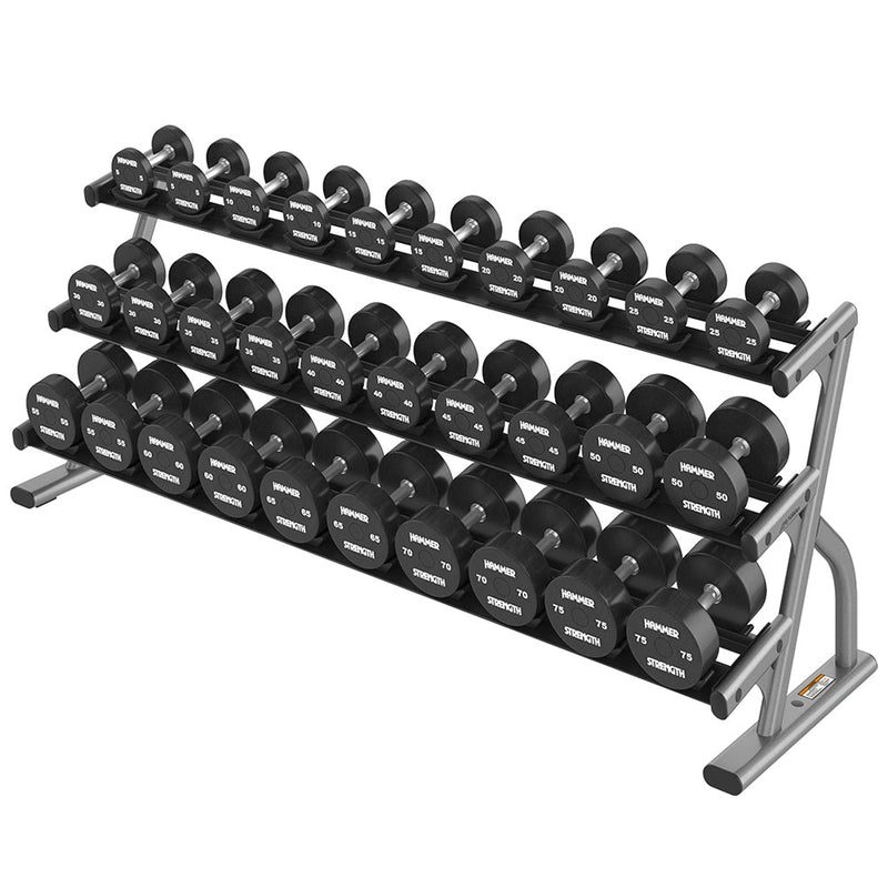Axiom 3-Tier Saddle Dumbbell Rack - Platinum - Long Length, With Dumbbells