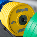 Closeup of Hammer Strength Urethane bumpers - 35LB, yellow