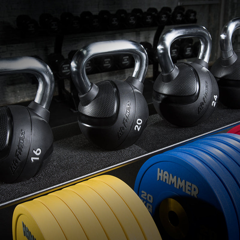 Life Fitness Kettlebells lined up on rack