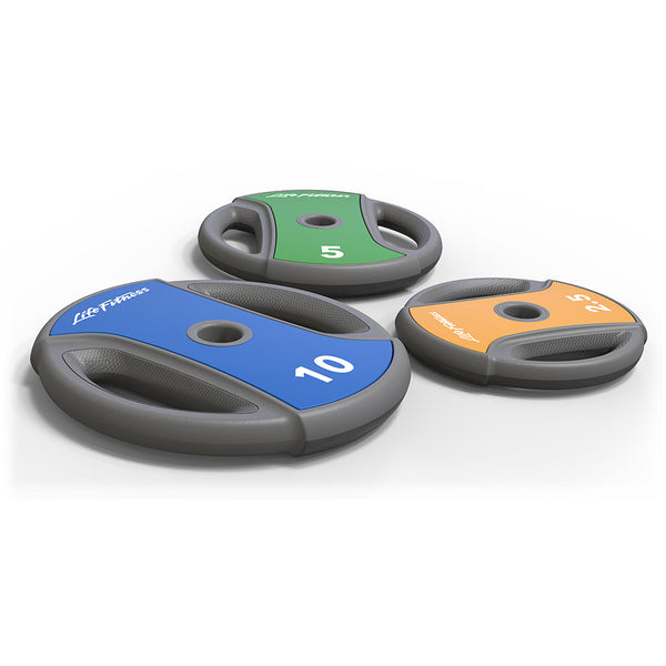 Life Fitness Studio Weight Plates - Shown in 10LB (Blue), 5LB (Green), 2.5LB (Yellow)